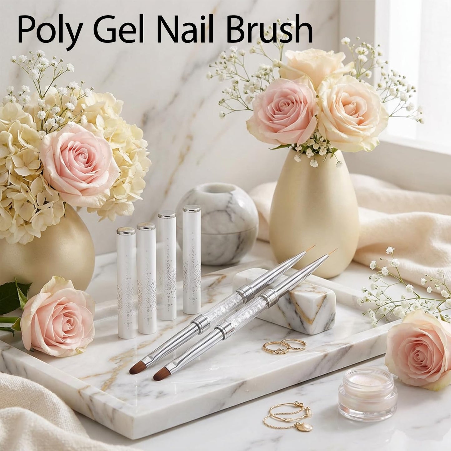2Pcs Professional Hard Gel Nail Brushes, Dual-Ended Builder Gel Brush Set with Rhinestone Handle, Oval & Liner Brushes for French Tip, Acrylic & Polygel Application