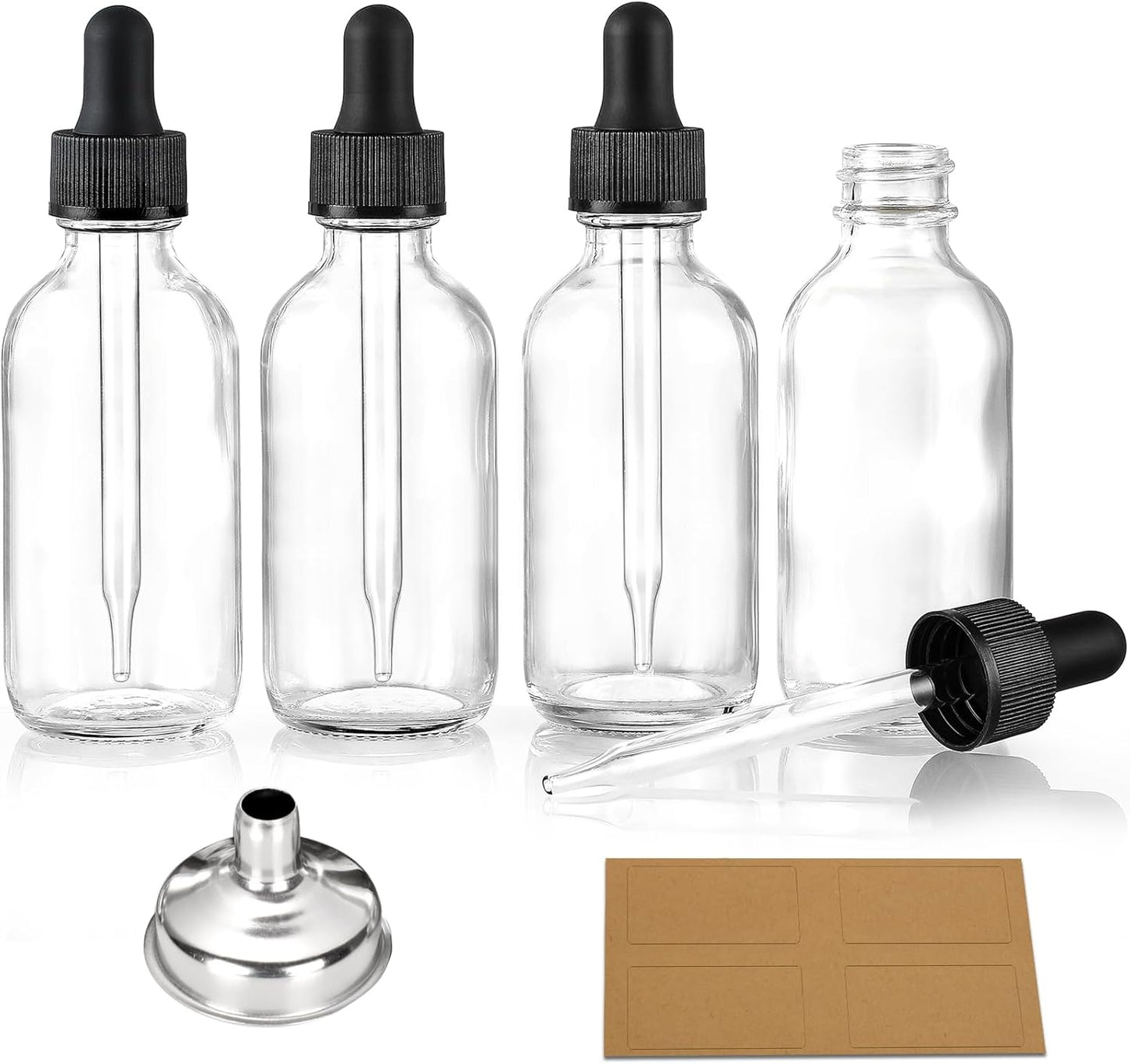 Clear Eye Dropper Bottles Set of 4 - 1 oz Thick Glass Tincture Bottles with Funnels & Labels | Leakproof for Essential Oils & Beauty