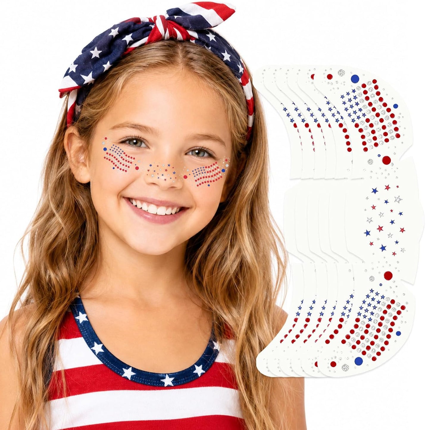 Red White and Blue Glitter Freckles Face Tattoos - 6PCS Patriotic Sparkle Stickers for 4th of July | Independence Day Decor