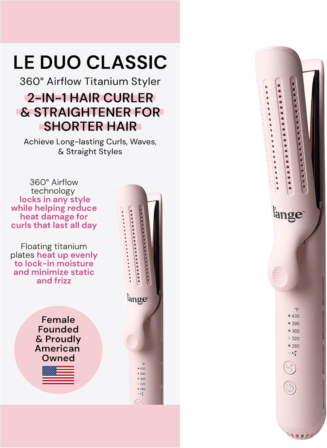 L'ANGE HAIR 2-in-1 Hair Straightener & Curler - 360° Airflow, Titanium Plates | 1" Wand for Long Hair (Blush)