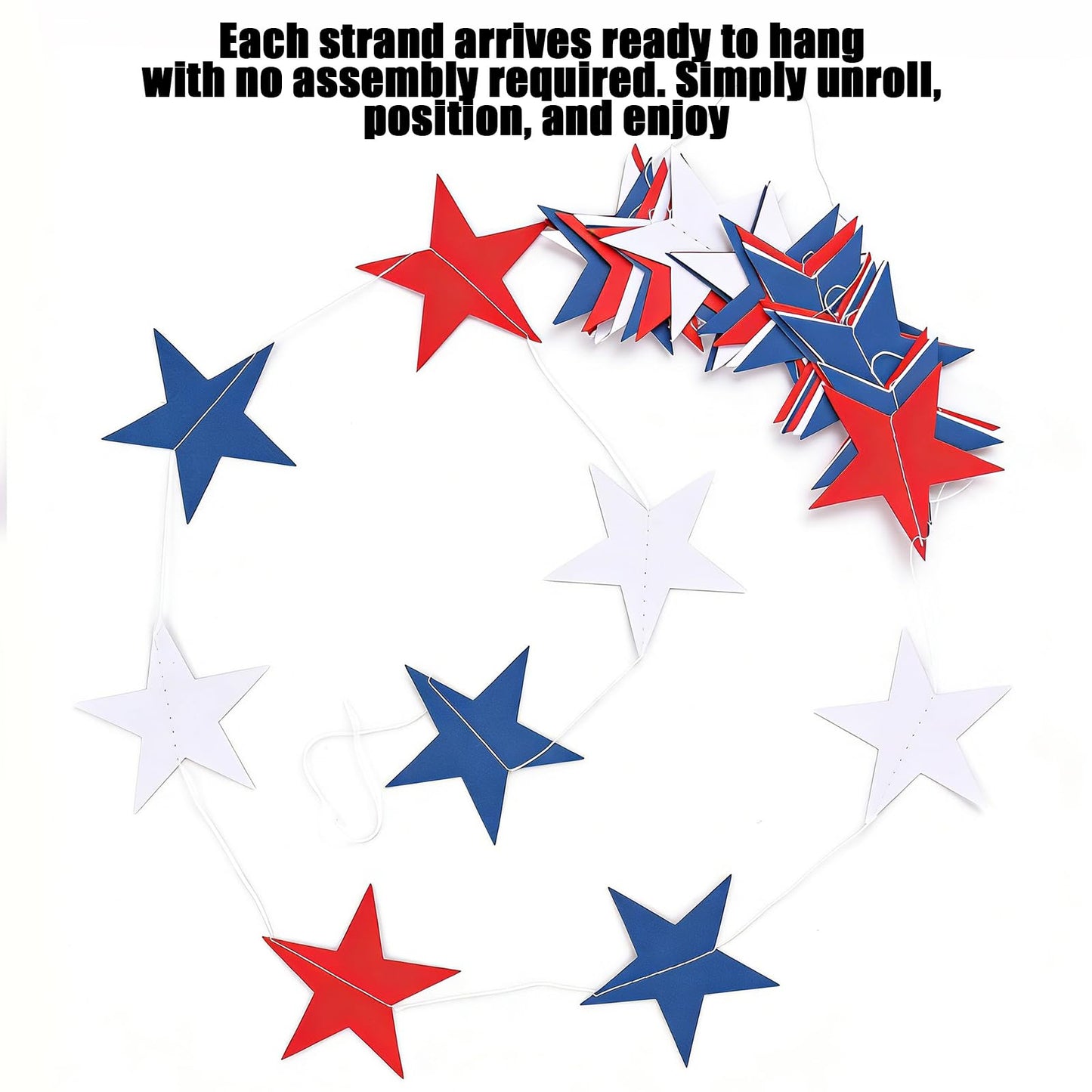 BRIOYHA 105ft Red White Blue Paper Star Garland, 8 Strands Double Side Twinkle Stars for 4th of July Independence Day Patriotic Memorial Day Party Decorations