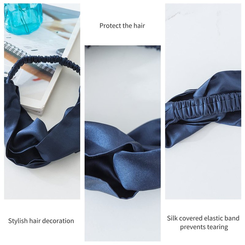 ZIMASILK 100% Mulberry Silk Headband - Elastic Twisted Hair Wrap for Women | Non-Slip Sleep Accessory (Navy Blue)