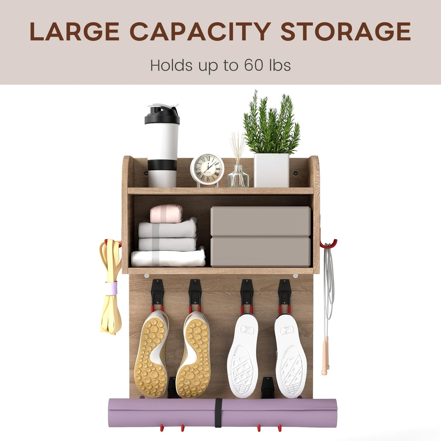 Skandiquip: Home Gym Organizer, Yoga Mat Storage Rack, Wall Mounted Peloton Accessories Shelf, Large Capacity for Shoes, Yoga Mats, Clothes, Towels, Gym Equipment,Natural Oak