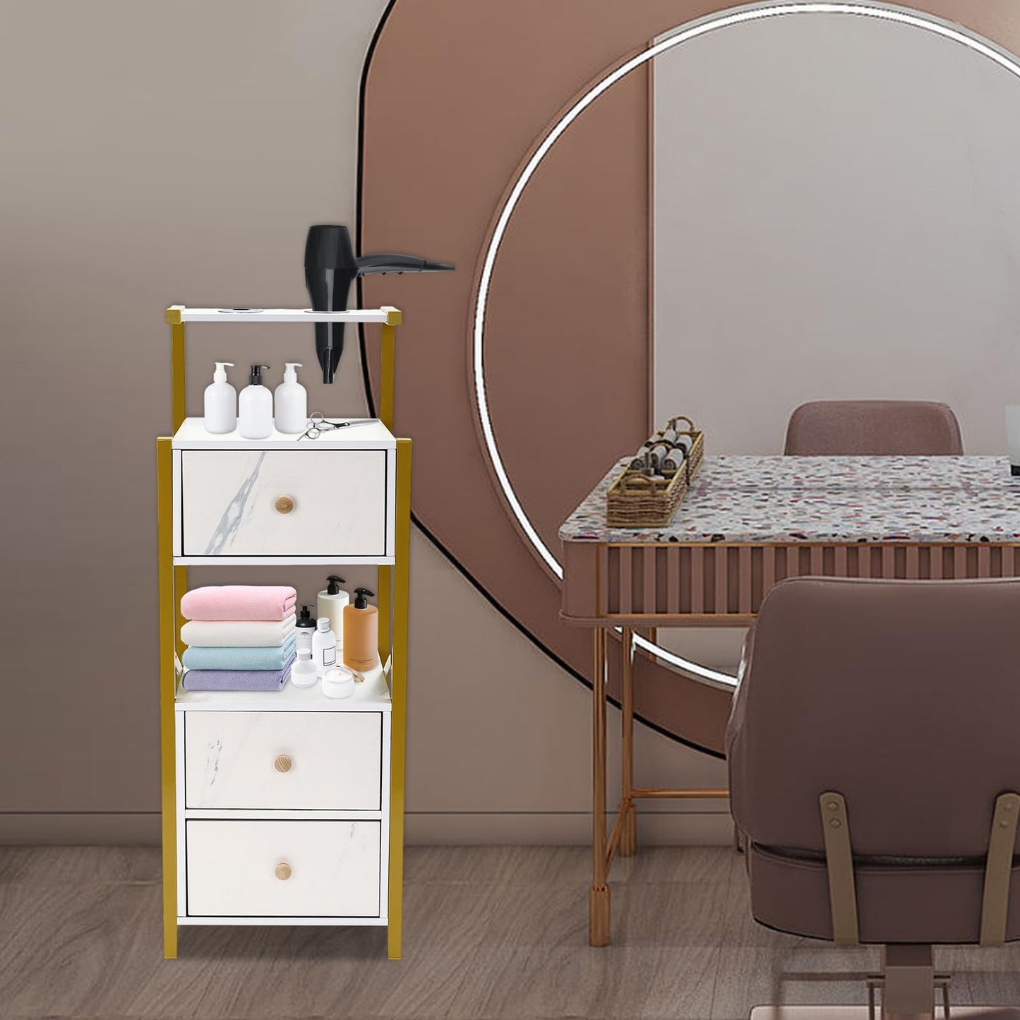 Beauty Salon Station Barber Stations w/Drawer, Makeup Storage w/Hair Dryer Holder Organizer Equipment for Barber-Stores