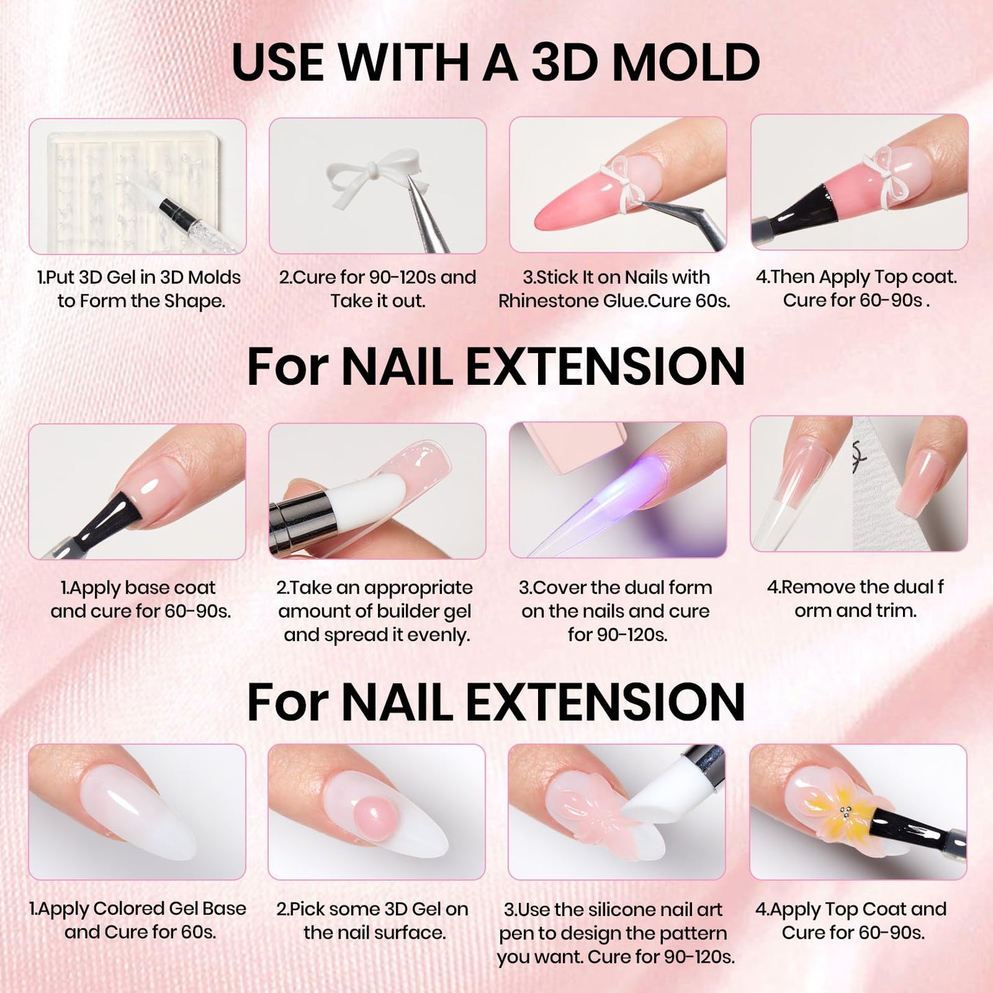Beetles 3D Gel Nail Art with 3D Mold,Pink Solid Builder Nail Gel,Non-Sticky Sculpting 3D Nails & Dual-Ended Sculpture Pen & Stiletto Dual From, Beginner Friendly DIY at Home,Ballet Whisper