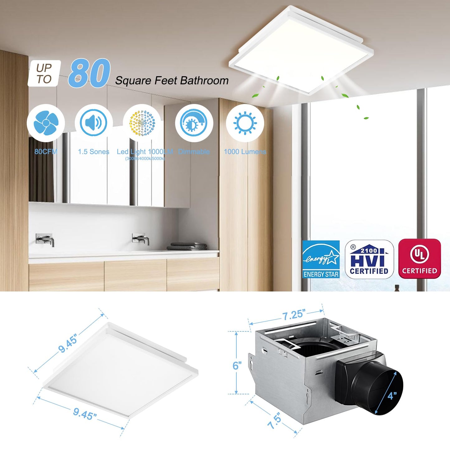 Tech Drive Bathroom Exhaust Fan with Light,80 CFM, 4 Inch Duct