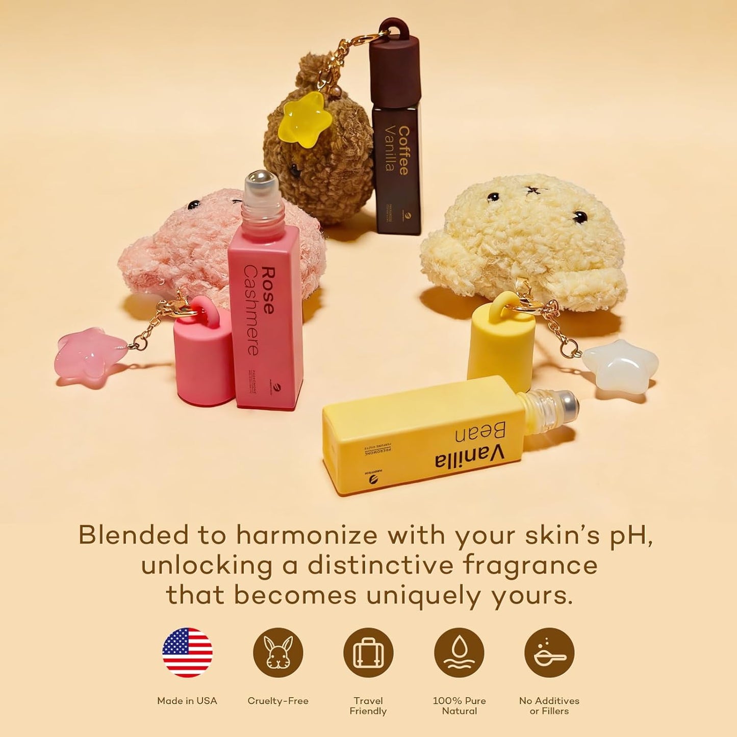 Pheromone Perfume for Women - Rose Cashmere Lychee Scent | Travel-Size Roll-On with Kawaii Bear Keychain, 0.34 fl oz (10ml)
