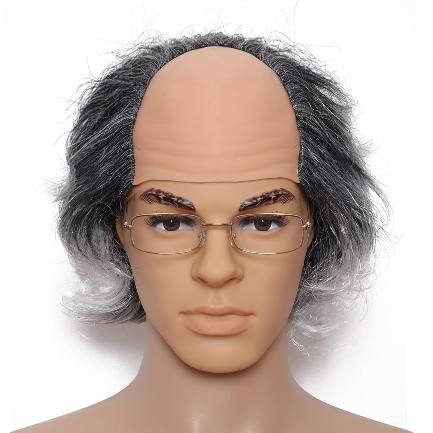Short Curly Bald Cap Wig | Mad Brown Scientist Costume for Halloween & Cosplay