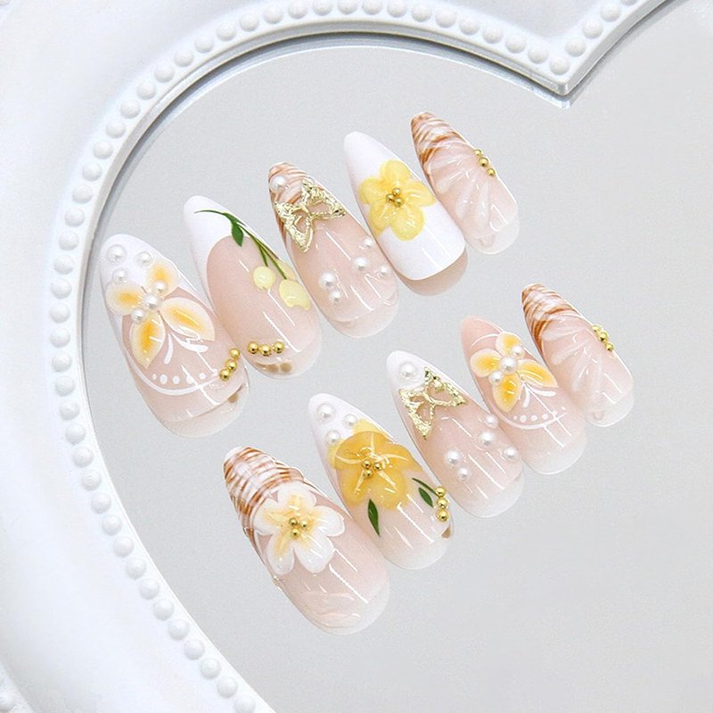 Handmade Press-On Nails - 24Pcs Almond Medium Fake Nails with Pearl Gold Beads & 3D Butterfly Design | Yellow Spring Summer