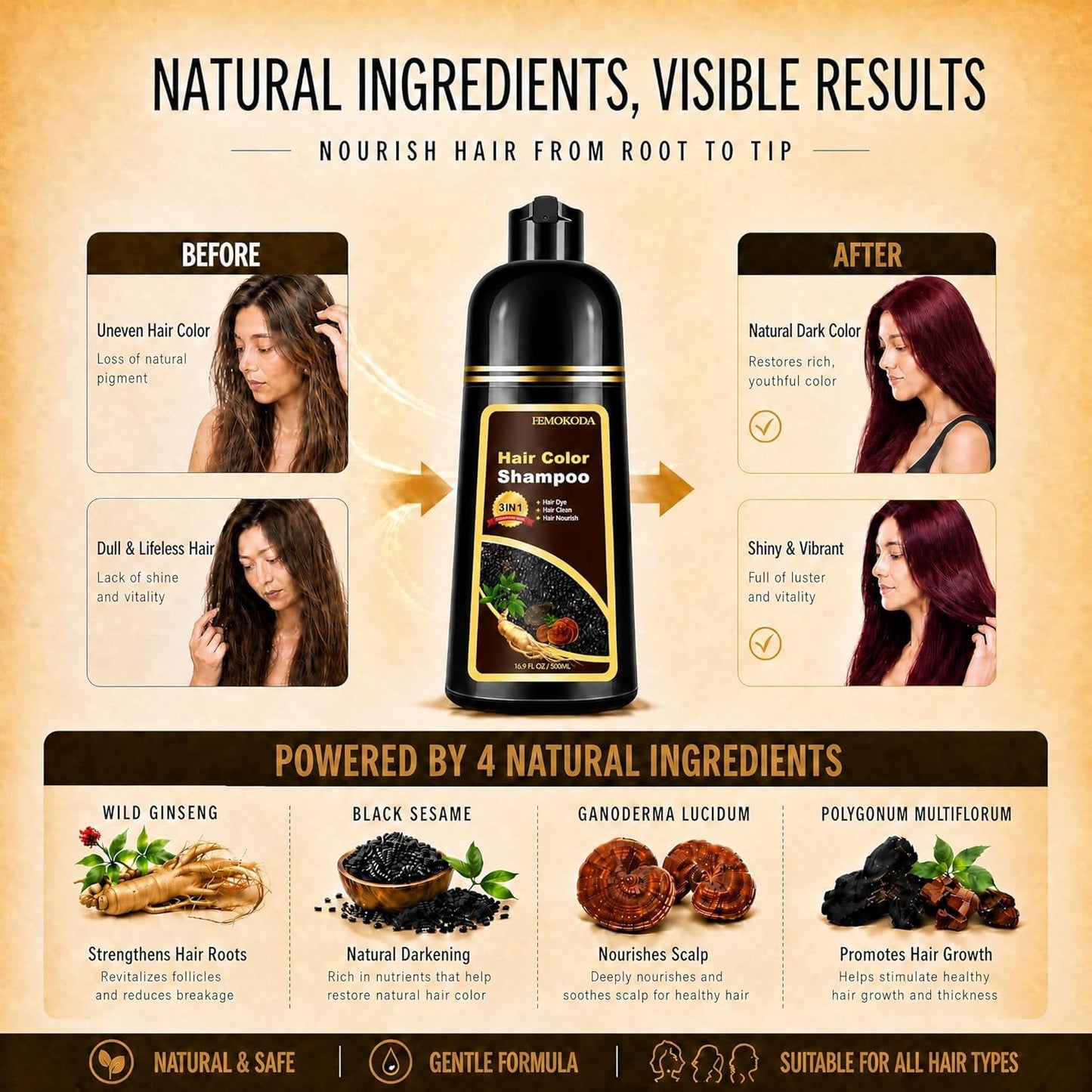 Brown Hair Dye Shampoo - 3 in 1 Instant Color Treatment | Semi-Permanent, Easy to Use, 16.90 Fl Oz