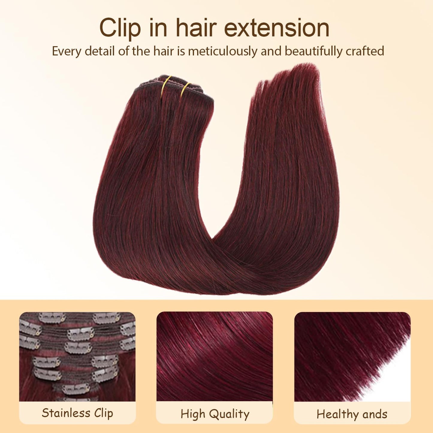 #99J Burgundy Clip in Hair Extensions, 32 Inch 120g/7Pcs,Full Shine Remy Human Hair,Wine Red Straight Clip ins Brazilian Virgin Human Hair Extensions