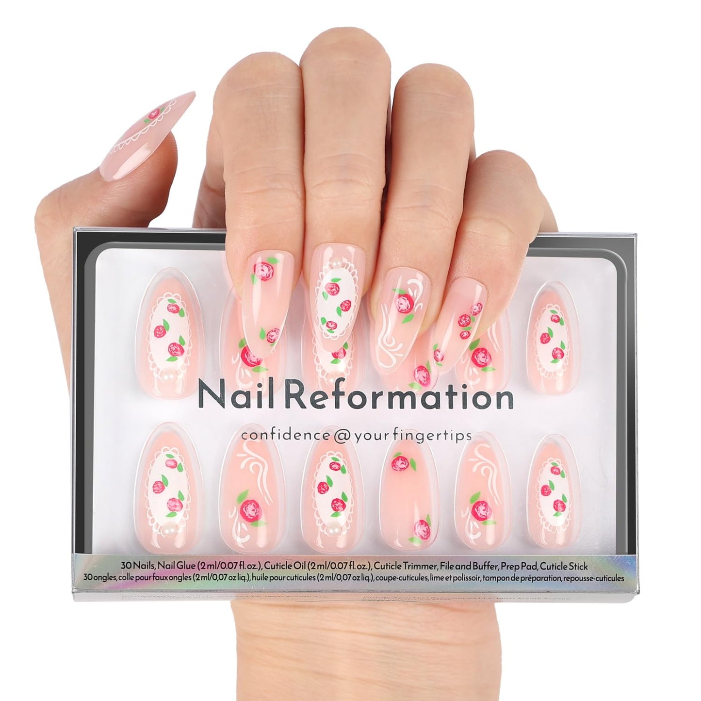 Press On Nails - Pink Roses Medium Almond Fake Nails with Lace & Pearl | Reusable Glossy Finish - 15 Sizes in 30 Nail Kit