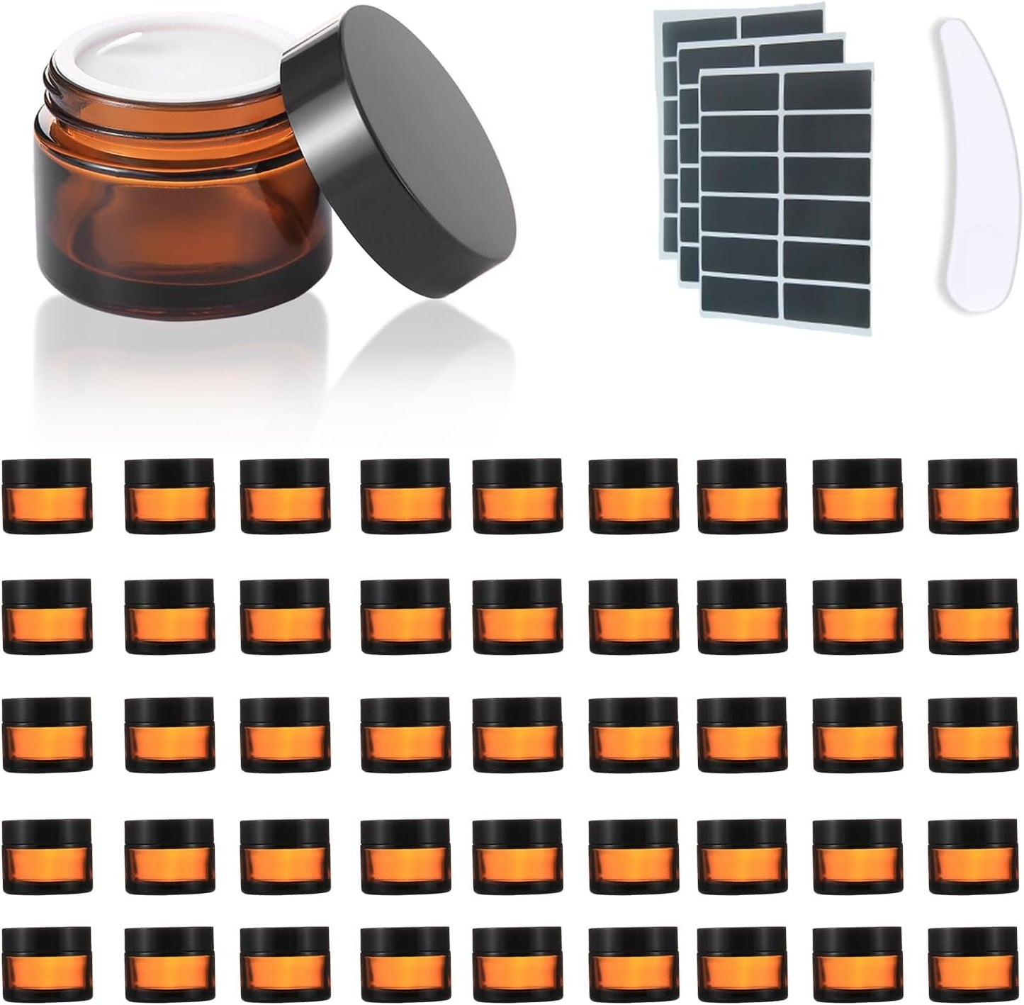 Amber Glass Jars - 45 Pack 2oz Small Lotion & Cosmetic Containers | Travel Jars with Lids & Mini Spoon