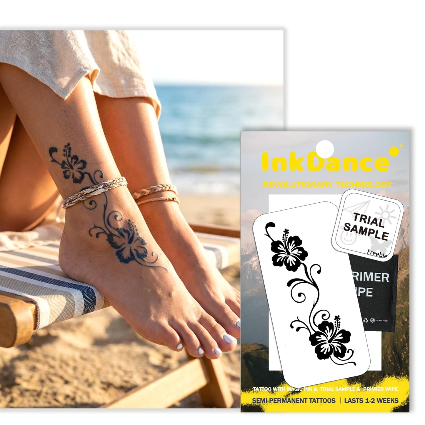 InkDance Semi-Permanent Tattoo, Midnight Tropics, Tropical Hibiscus, Long Lasting Temporary Tattoos, Waterproof Plant-Based Ink, Lasts 1-2 Weeks, Color Develops in 24 Hours D272