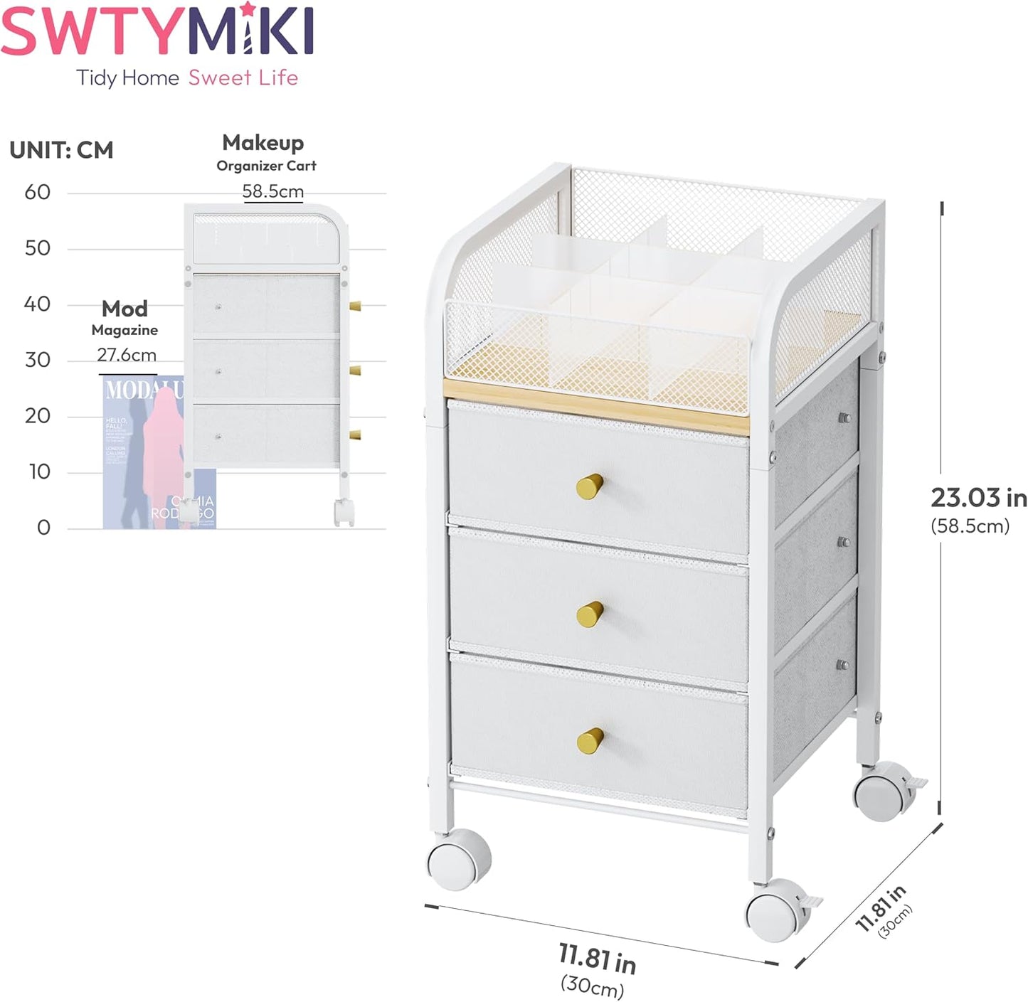 Rolling Makeup Organizer Cart - Under Desk Vanity Storage with 3 Drawers | Cosmetic Display & Nail Tool Cabinet