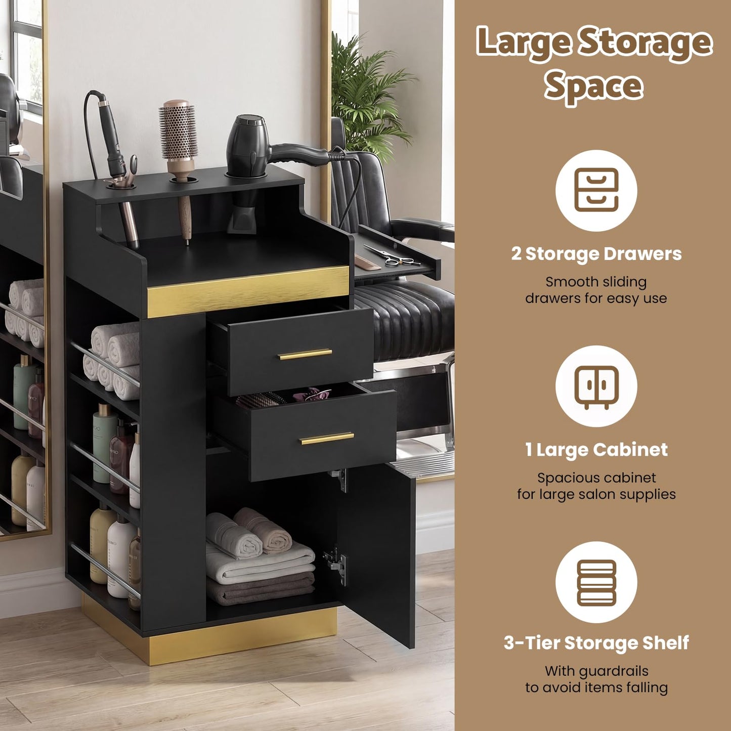 Oakvera Salon Station for Hair Stylist, Barber Station Salon Storage Systems with 3 Hot Tools Holders, a Tray, a Large Storage Cabinet & 2 Drawers for Barbershop, Beauty & Nail Salon, Black
