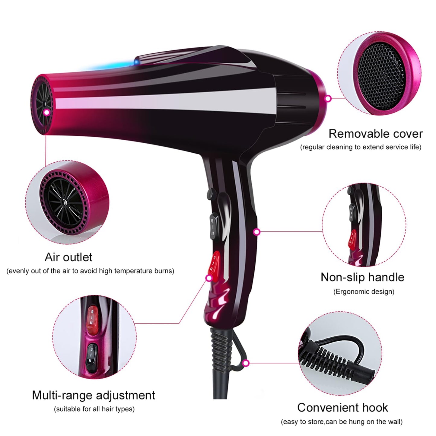 Ionic Hair Dryer with 3500W Motor, 3 Heat/2 Speed Settings, 2 Nozzles, 1 Diffuser for Professional Home Salon Use - Purple
