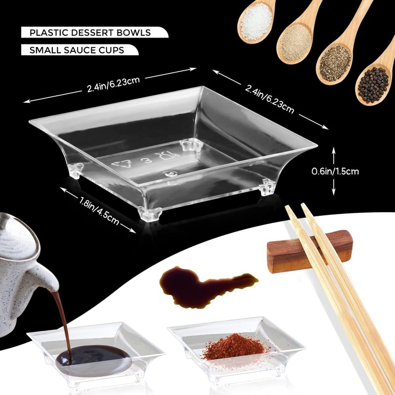 GothaBach 100 Pcs Mini Dessert Plates, 2.4'' Clear Disposable Small Plastic Tray, Mini Plastic Dish for Sauce, Dessert, Fruit or Appetizer (Style 2)