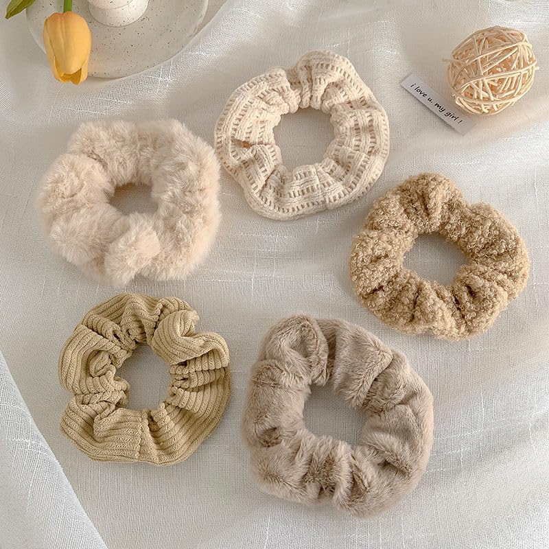 Khaki 5 Pack Furry Scrunchies Elastic Hair Ties for Women & Girls