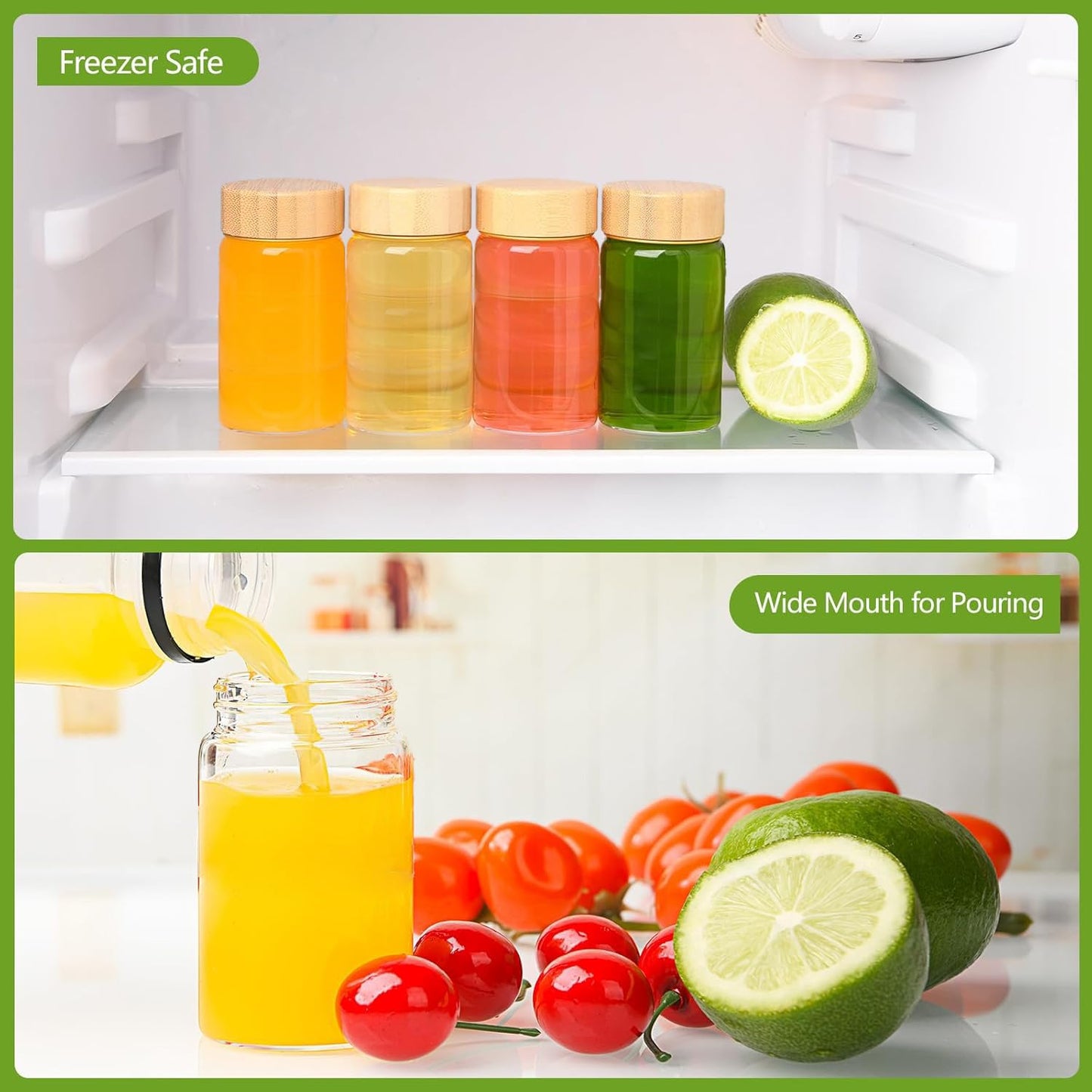 BPFY 12 Pack 4oz Glass Shot Bottles with Caps, 120ml Borosilicate Glass Juice Shot Bottles, Dishwasher & Freezer Safe, Reusable Wellness Ginger Shot Glass Jars with Lids for Juicing