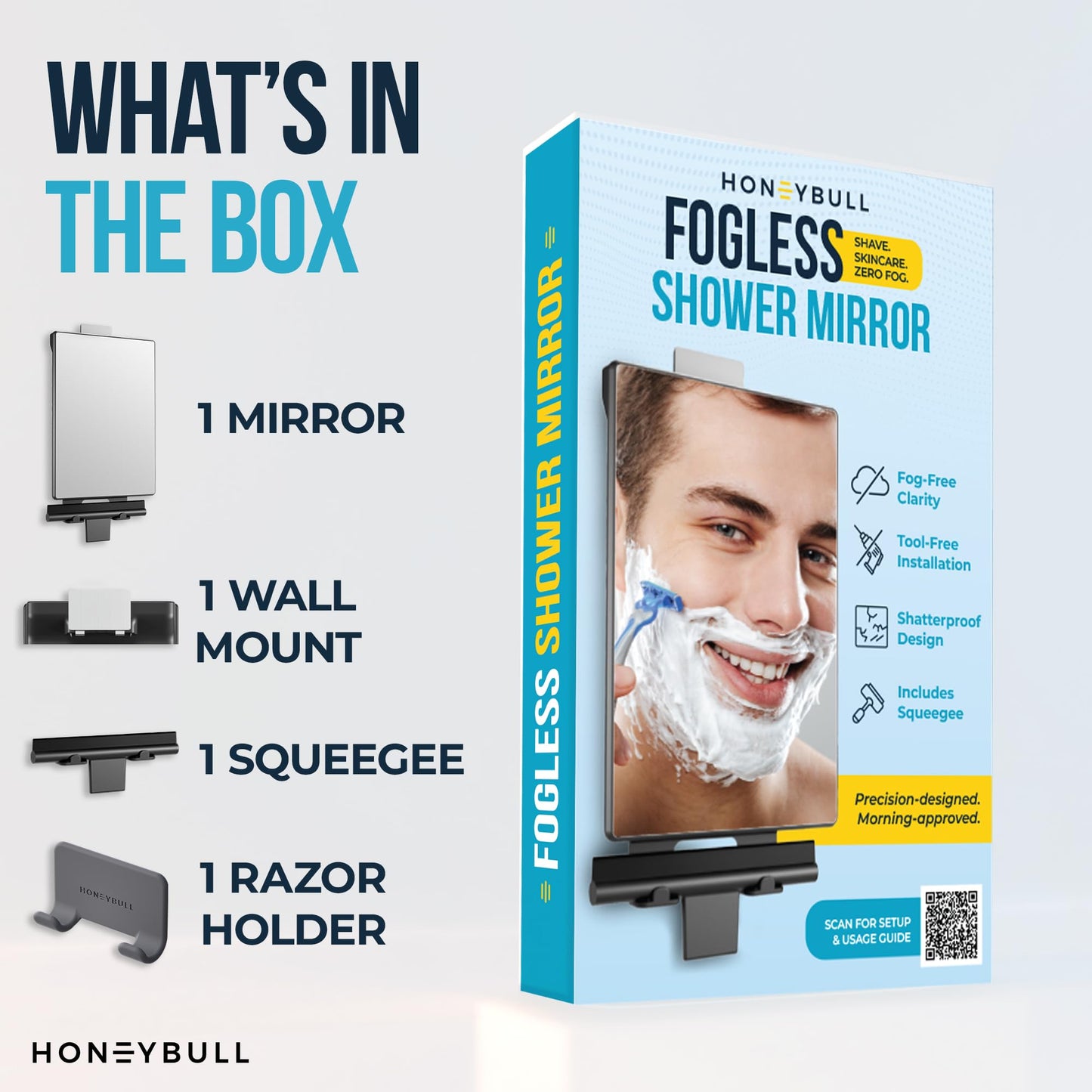HONEYBULL Fogless Shower Mirror for Shaving with Water Tank, Adhesive Mount