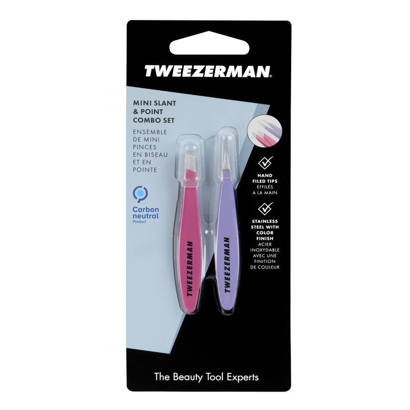 Tweezerman Mini Slant and Point Tip Tweezer - Tweezers Set for Eyebrows, Travel Tweezers for Eyebrows, Facial Hair, (Pack of 2)