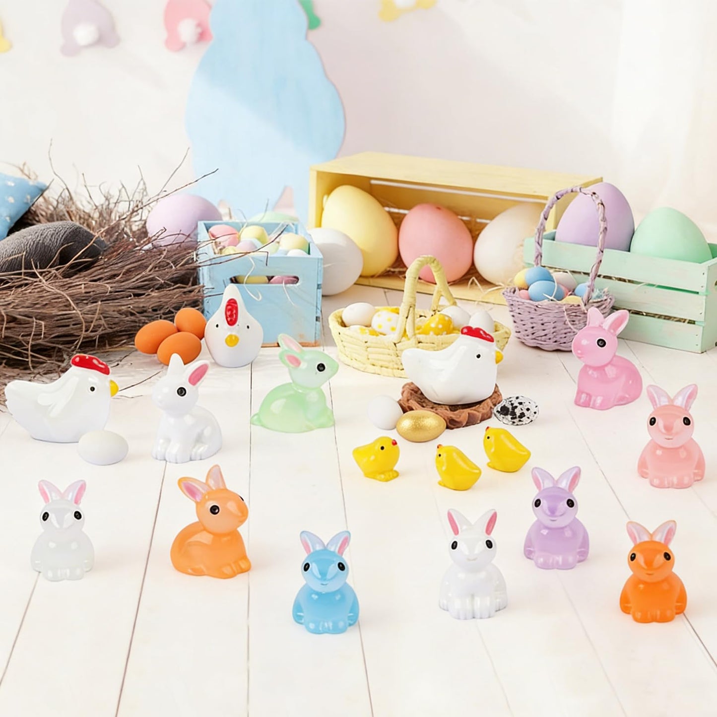 BRIOYHA 38 Pcs Mini Resin Animals – Spring Bunnies Chicks Eggs Decor Variety Pack for Home Garden Table Centerpieces Seasonal Display