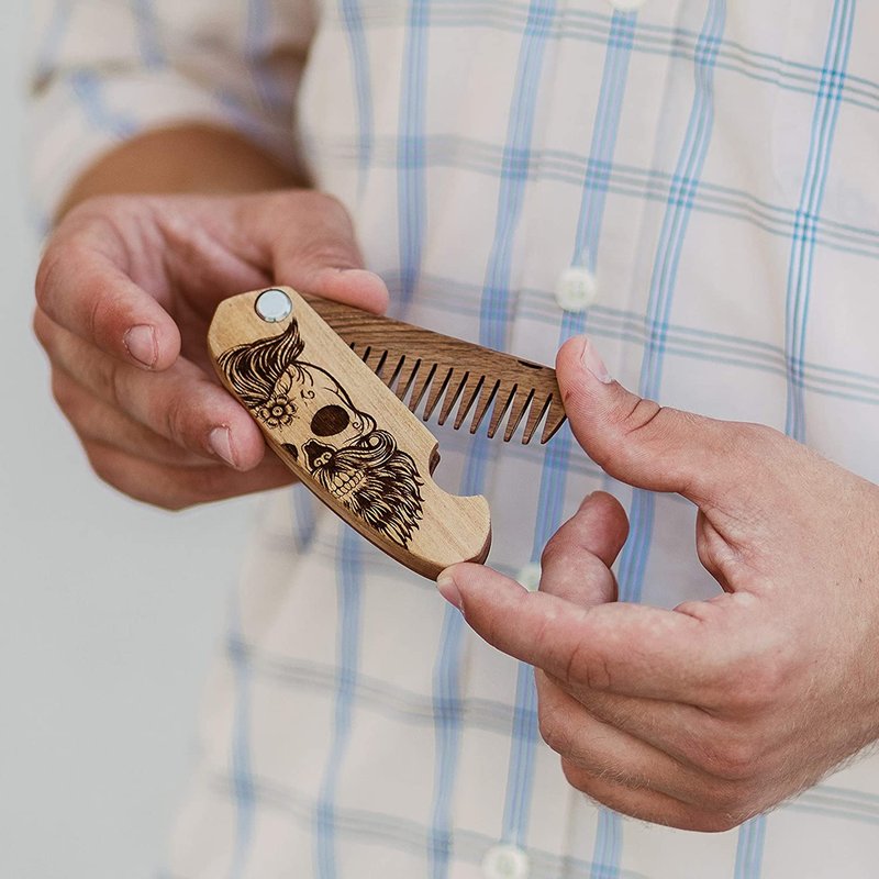 Beard Comb Personalized Gifts Anniversary Gift Wooden Brush Custom Comb Groomsmen Gift Hair Brush Pocket Brush Birthday Gift for Boyfriend (Walnut, Half Skull)