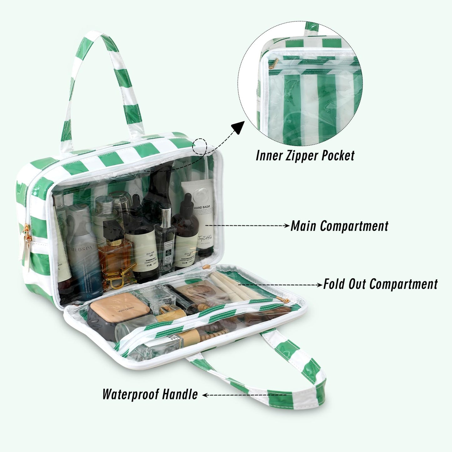 THOVSMOON Toiletry Bag for Women, White and Green Stripe