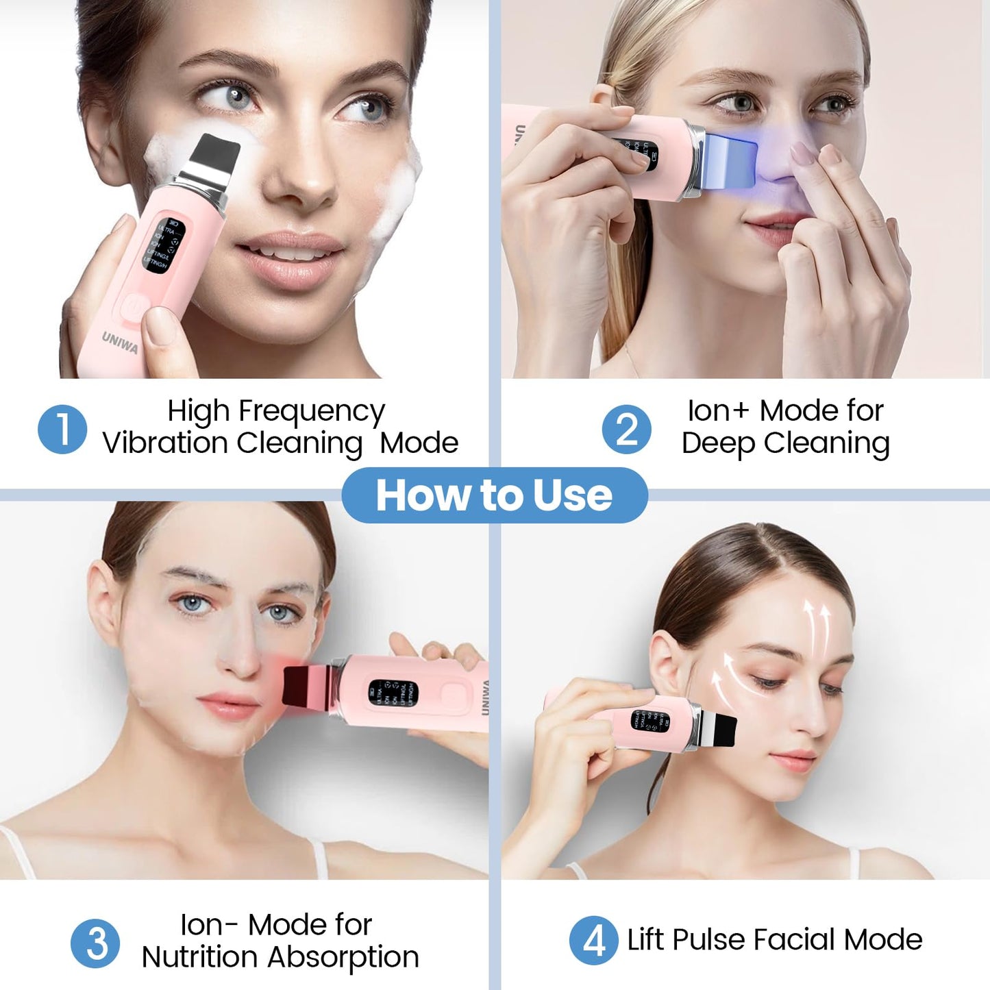 UNIWA Skin Scrubber Face Spatula, Skin Scrubber Pore Cleaner Blackhead Remover Tool for Deep Facial Cleansing - 4 Modes, Face Spatula with USB Charger, LCD Display, IPX7 Waterproof -Pink