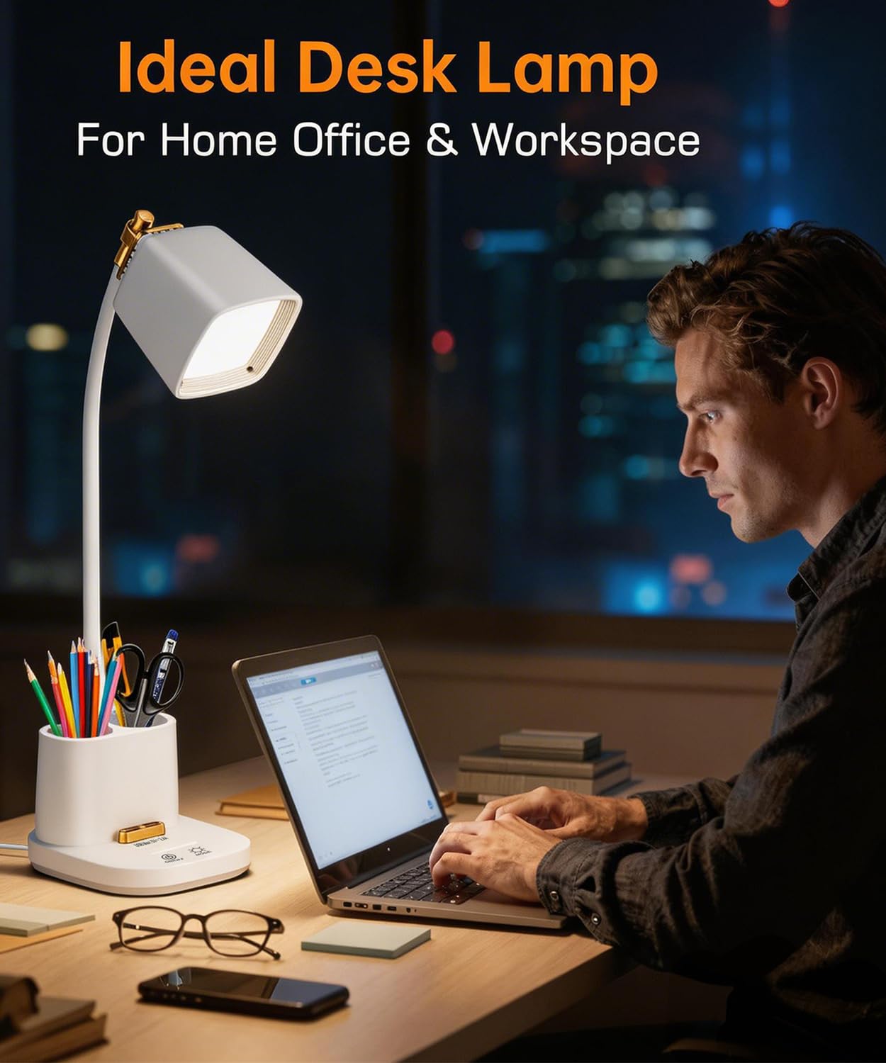 LED Desk Lamps for Home Office with Charger, Organizer, Desk Light Table Lamp for Bedroom, Study, Reading, Work, Nail, Gooseneck Small Desk Lamp for Artist, Puzzle, Drawing, Eye-Caring LED Office Lamp