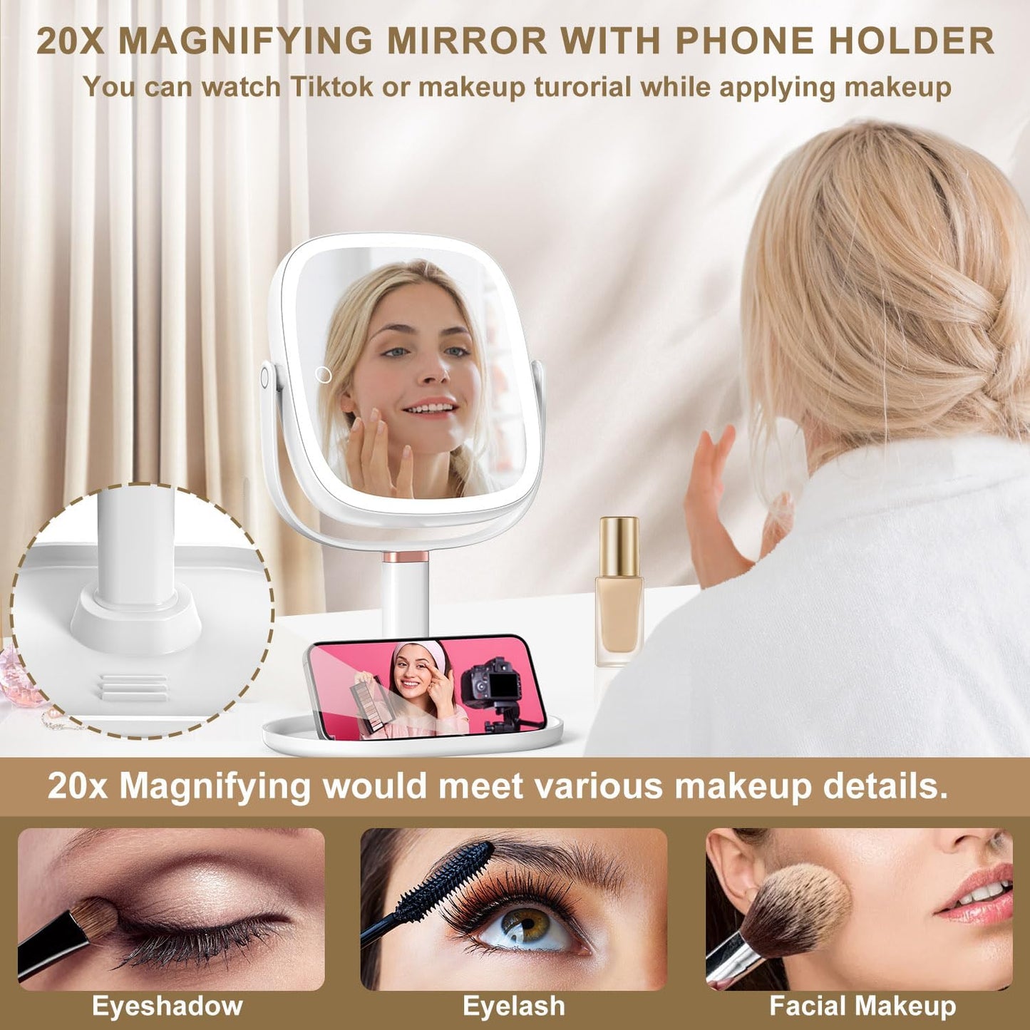 Mocado Makeup Mirror with Lights - 1X/20X Magnifying Vanity Mirror | Height Adjustable, 3 Color Options, 360° Rotation, Memory Function (White)