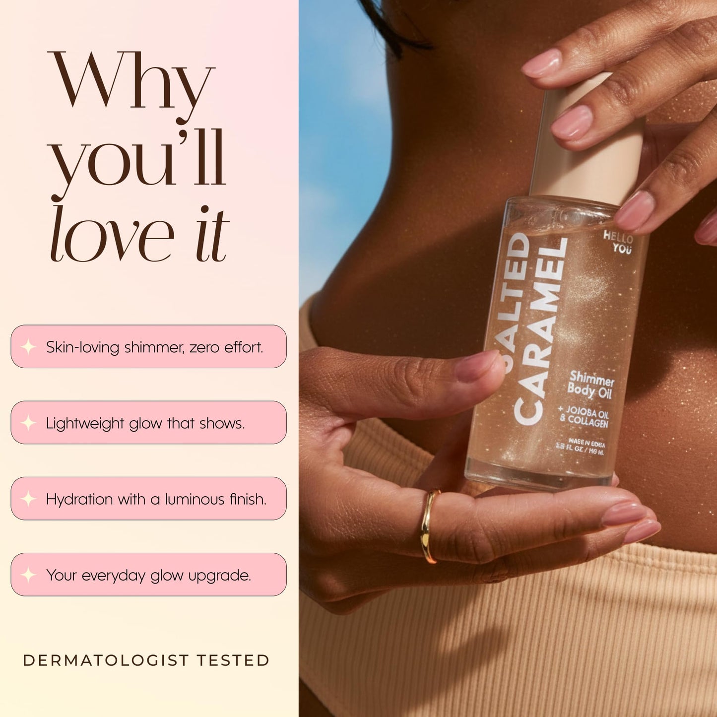 Hello You Jojoba Oil & Collagen Shimmer Body Oil – Dermatologist Tested, Anti Aging, Korean Skin Care – Firming Glow, Hydrating Moisturizer with Salted Caramel Scent – Vegan Clean Beauty – 3.38 Fl Oz