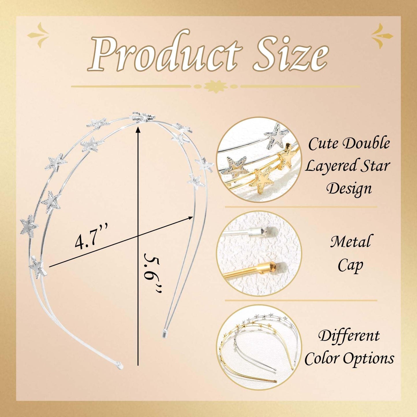 STGDAK 2 Pcs Star Headbands For Women Gold Headband Metal Hair Hoop Silver Bridal Hairbands Double Row Wedding Crown Headband Space Headpiece Flower Girls Tiara Valentine's Day Hair Accessories Gift