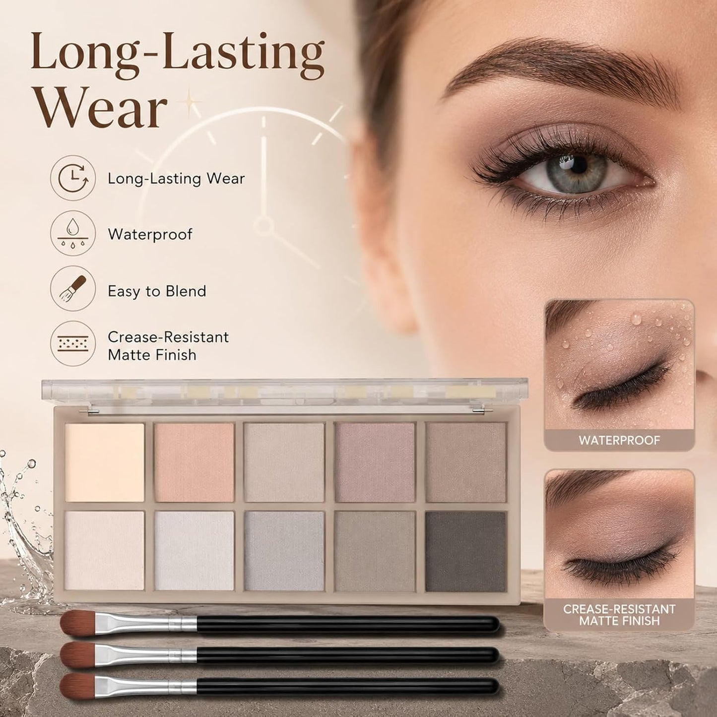 Matte Eyeshadow Palette - 10 Blendable Shades for Smokey Eyes | Waterproof, Long-Lasting Makeup