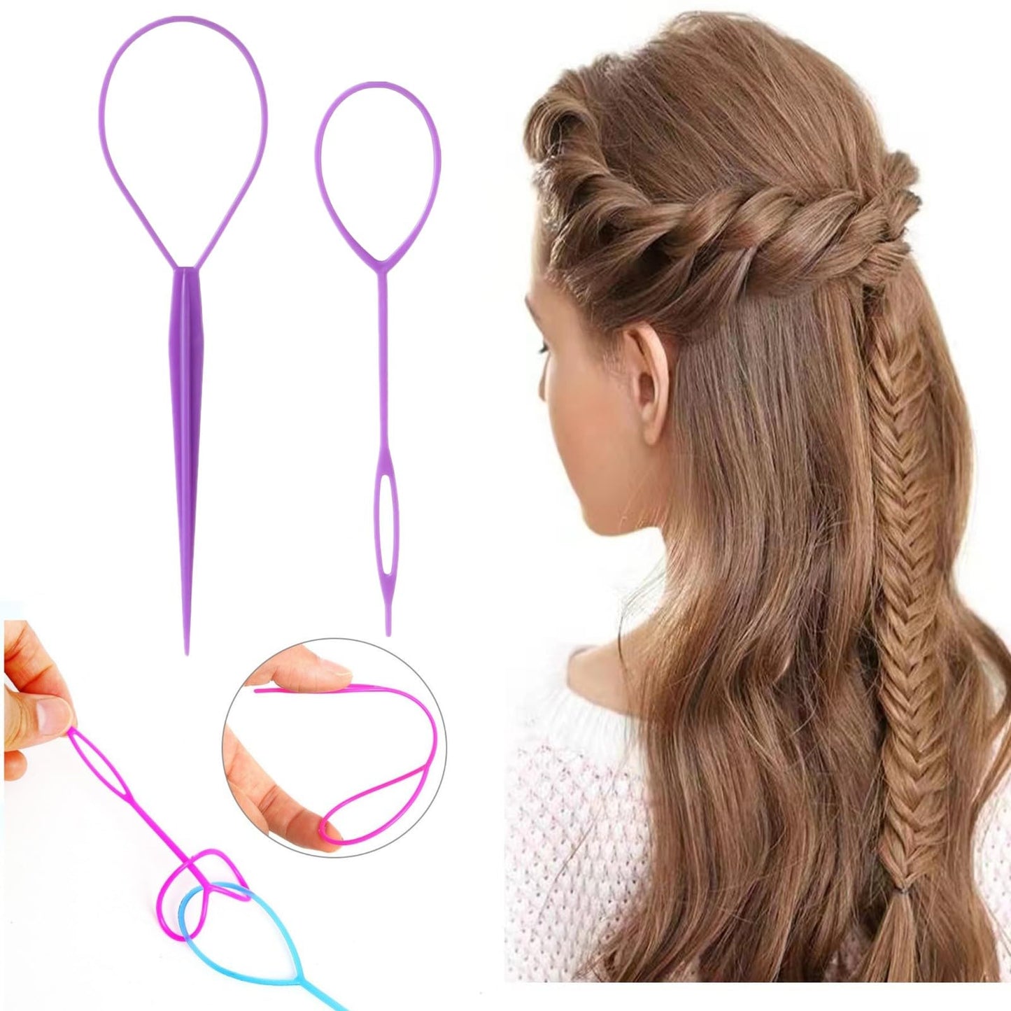Schembo Topsy Tail Hair Tool Set - 6pcs Loop Styling Tool, Ponytail Pull Through, Two Sizes, 3 Colors (Pink/Purple/Blue) for Women, Girls & Kids