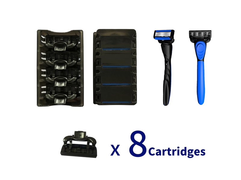 6-Blade Razor,Plastic Anti-slip Men Manual Refill Cartridges razors, 1 handle and 8 refill razor cartridges, Reusable Face Cleansing Care Tool, Shave Supplies for Men and Women - Black