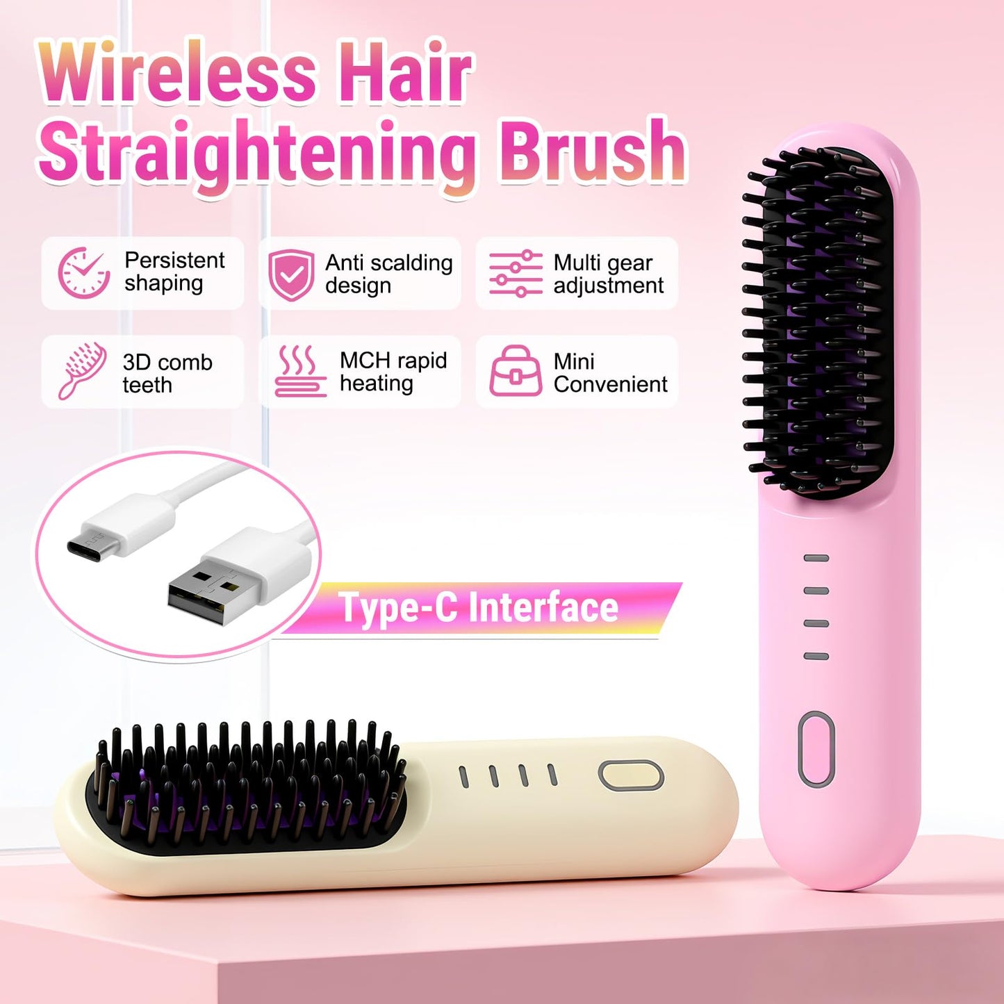 Hair Straightener Brush for Short Hair, 2026 Upgraded Cordless Straightening Brush with 30s Fast Heat, 4 Temperature Settings, Ionic & Ceramic Care, USB-C Rechargeable for Frizz-Free Styling (B-Pink)