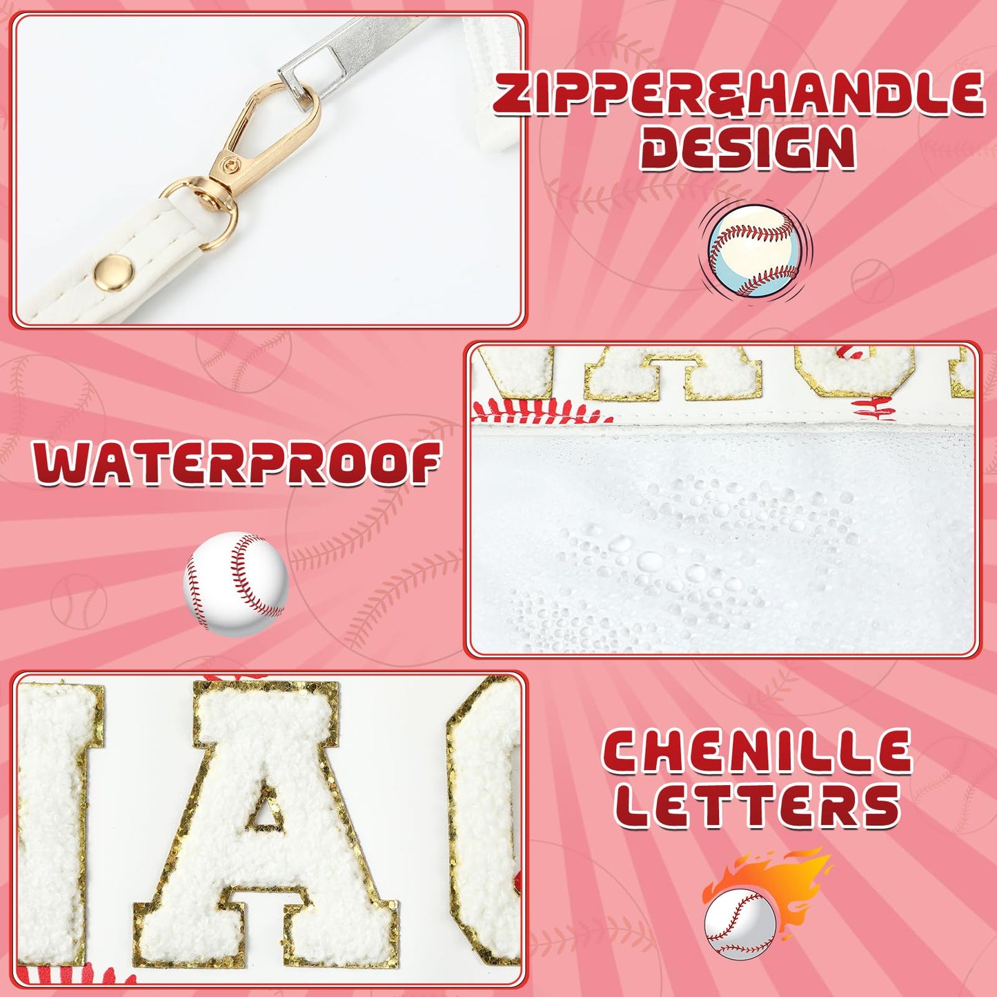 Klyyo Clyro Clear Baseball Snack Bag Chenille Letter Zipper Pouch Baseball Snack Goodie Treat Team Gifts for Sport Game Day Theme Party Favors Player Gift