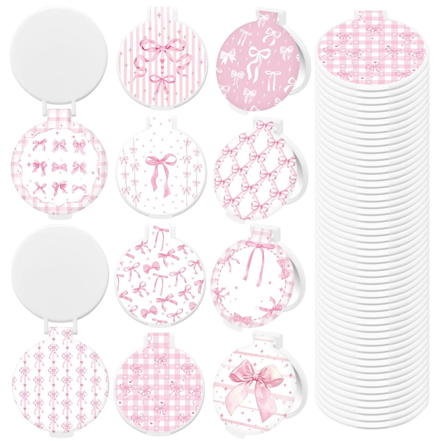 KOPOOEOE 50 Pcs Pink Bow Compact Mirror Bulk Small Pocket Purse Round Mirror Portable Folding Makeup Pink Bow Mirrors Gifts for Women Coworker Employee Teacher