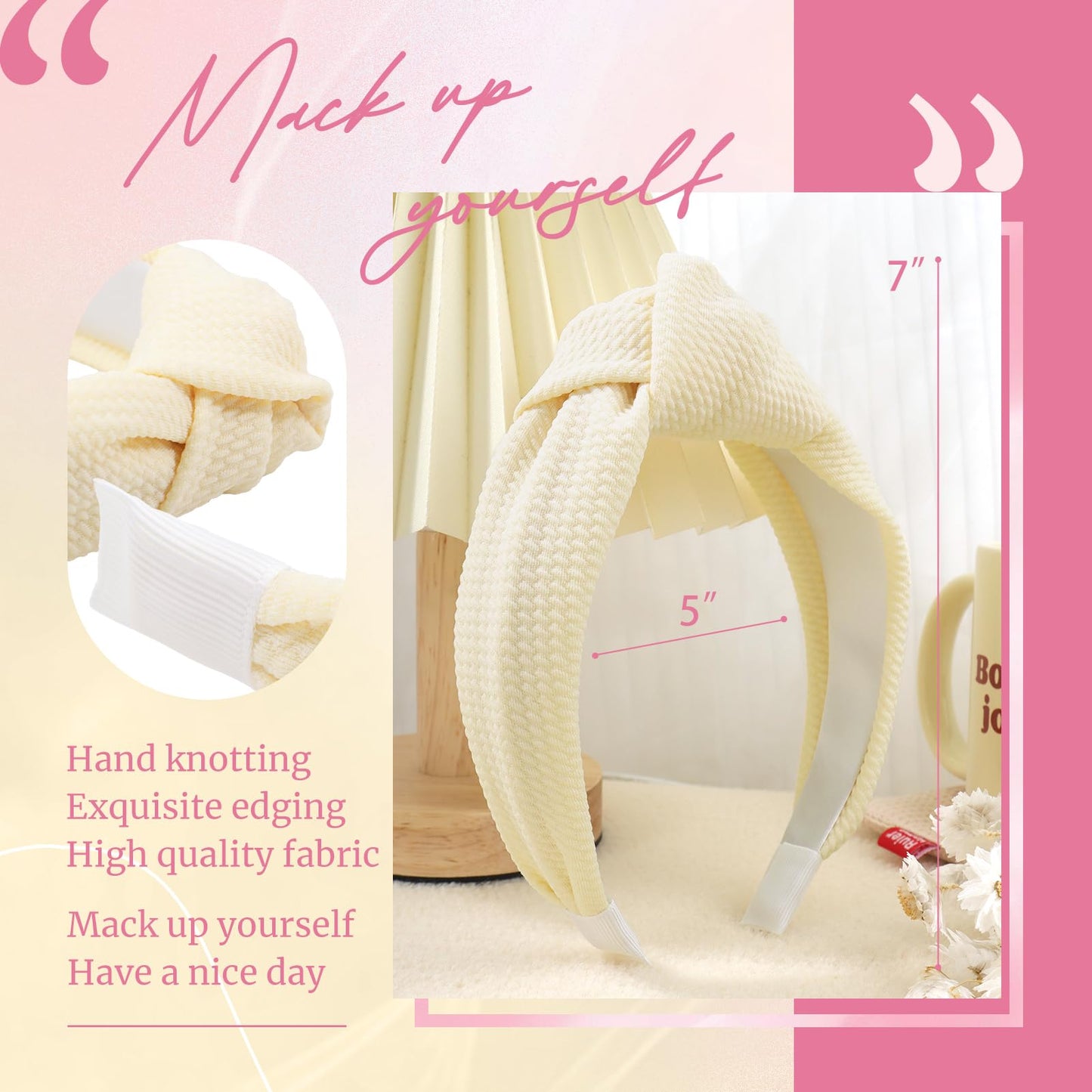 YanJie Headbands for Girls - Non Slip Fashion Wide Top Knotted Headbands, Comfortable Cute Hair Accessories, Pink 3Pcs