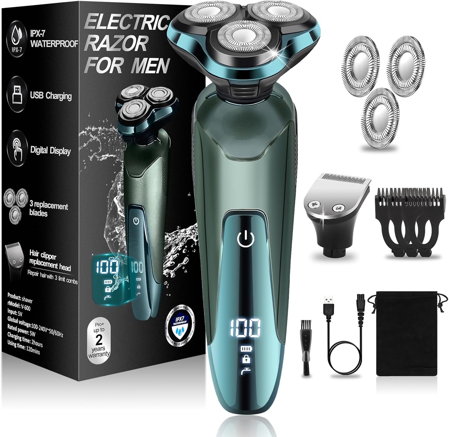 Electric Razor for Men - Rechargeable LED Display Shaver with IPX7 Waterproof Floating Head | Replaceable Blades