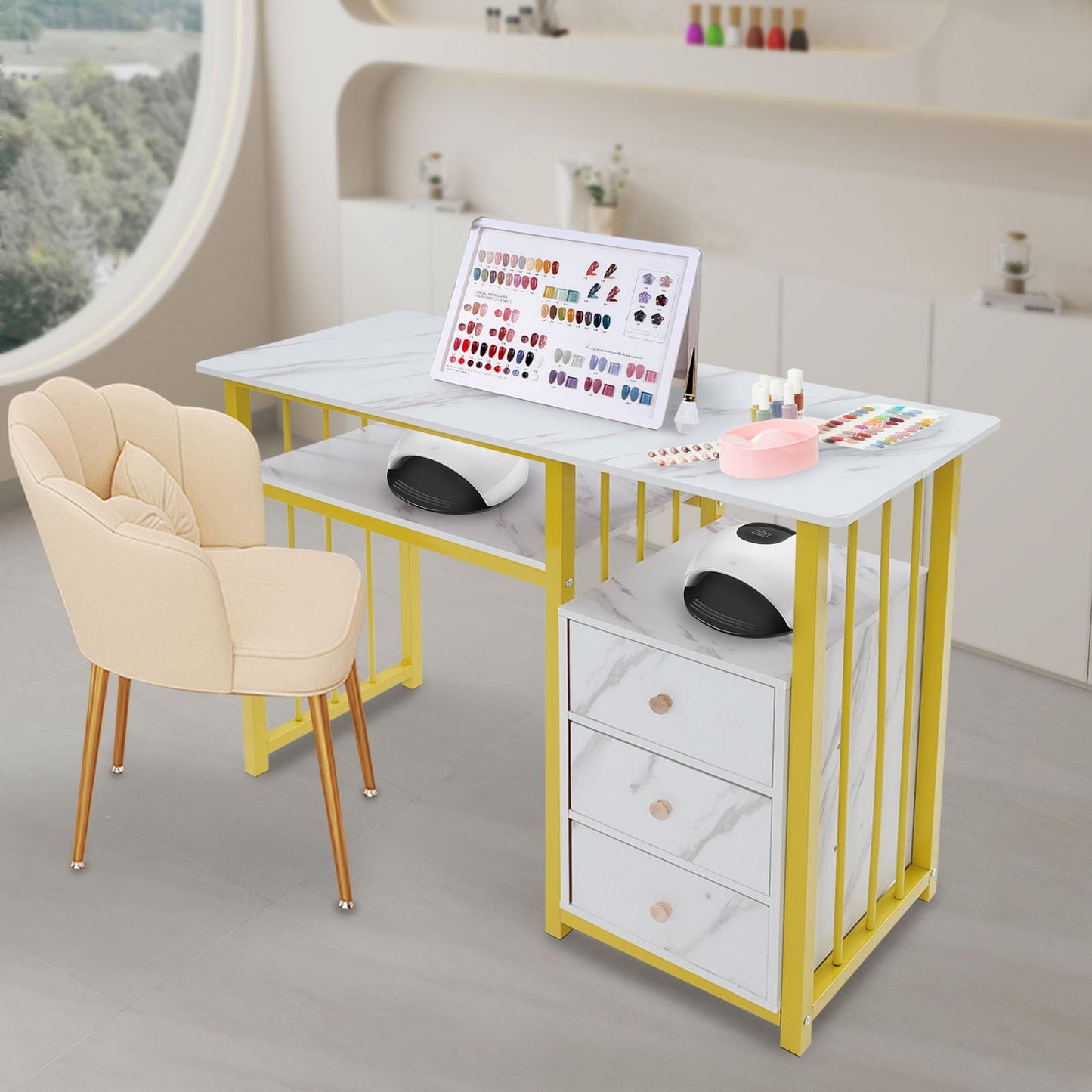 Mahugde Professional Fashionable Nail Desk, Marbling Texture Manicure Desk with 3 Drawers Nail Technician Workstation Manicure Table for Office Nail Salon Beauty Salon (39.37 * 15.75 * 29.92in)