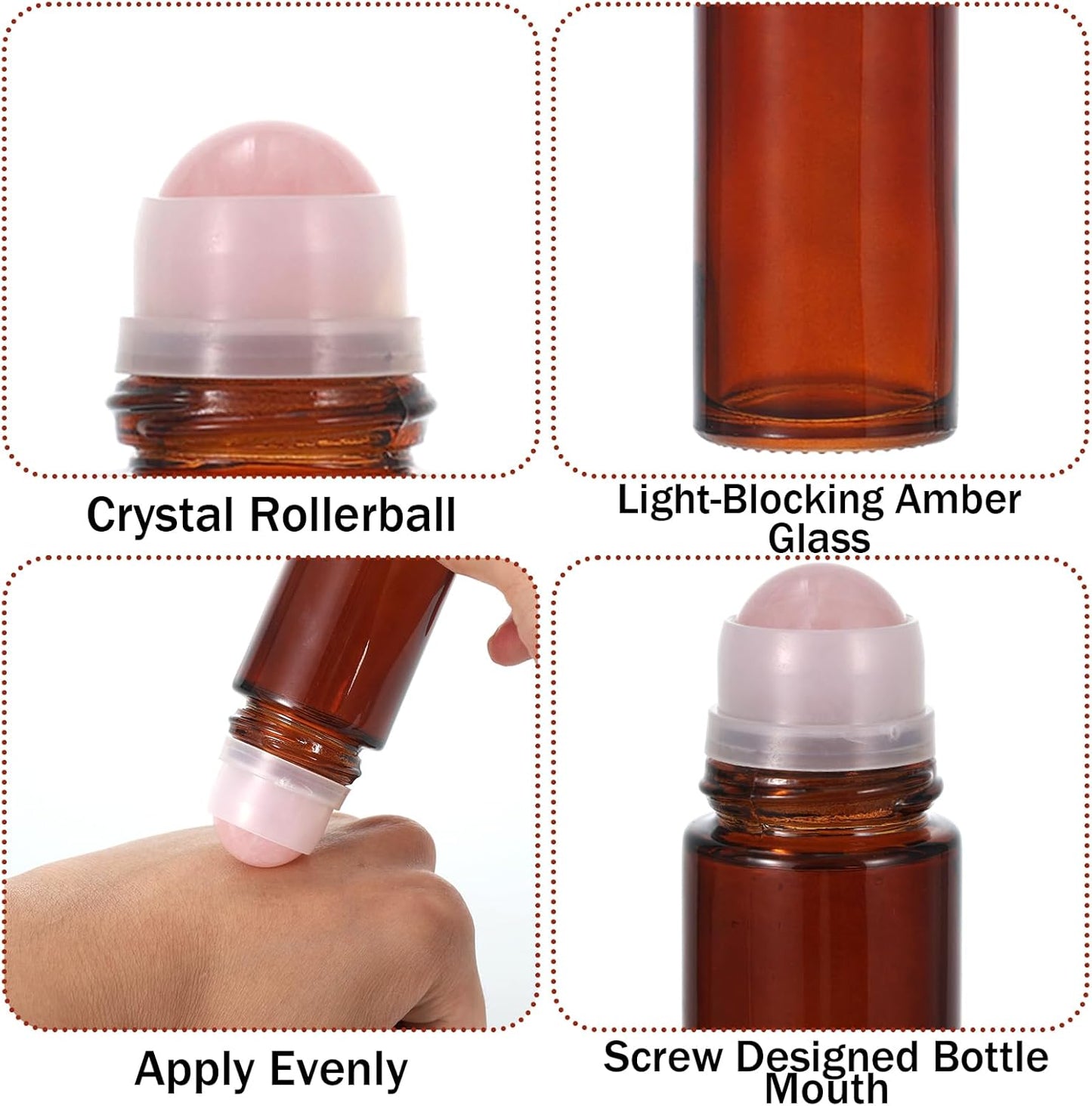 Amber Glass Roll-On Bottles for Essential Oils - 2 Pack 1.7oz Refillable Applicators with Rose Quartz Roller Ball | Leak-Proof Aromatherapy Containers
