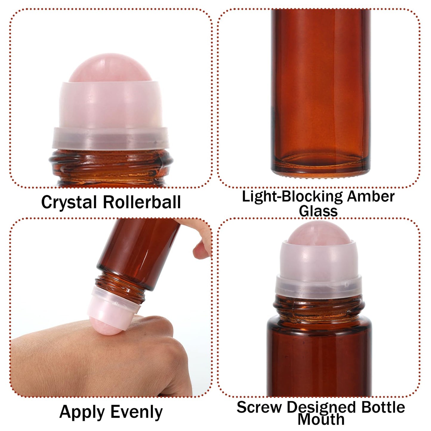 2 Pack 1.7oz Large Amber Glass Roll on Bottles for Essential Oils, Refillable Roller Ball Applicator with Rose Quartz Roller Ball, Perfume Deodorant Containers, Leak-Proof for Aromatherapy & Skincare