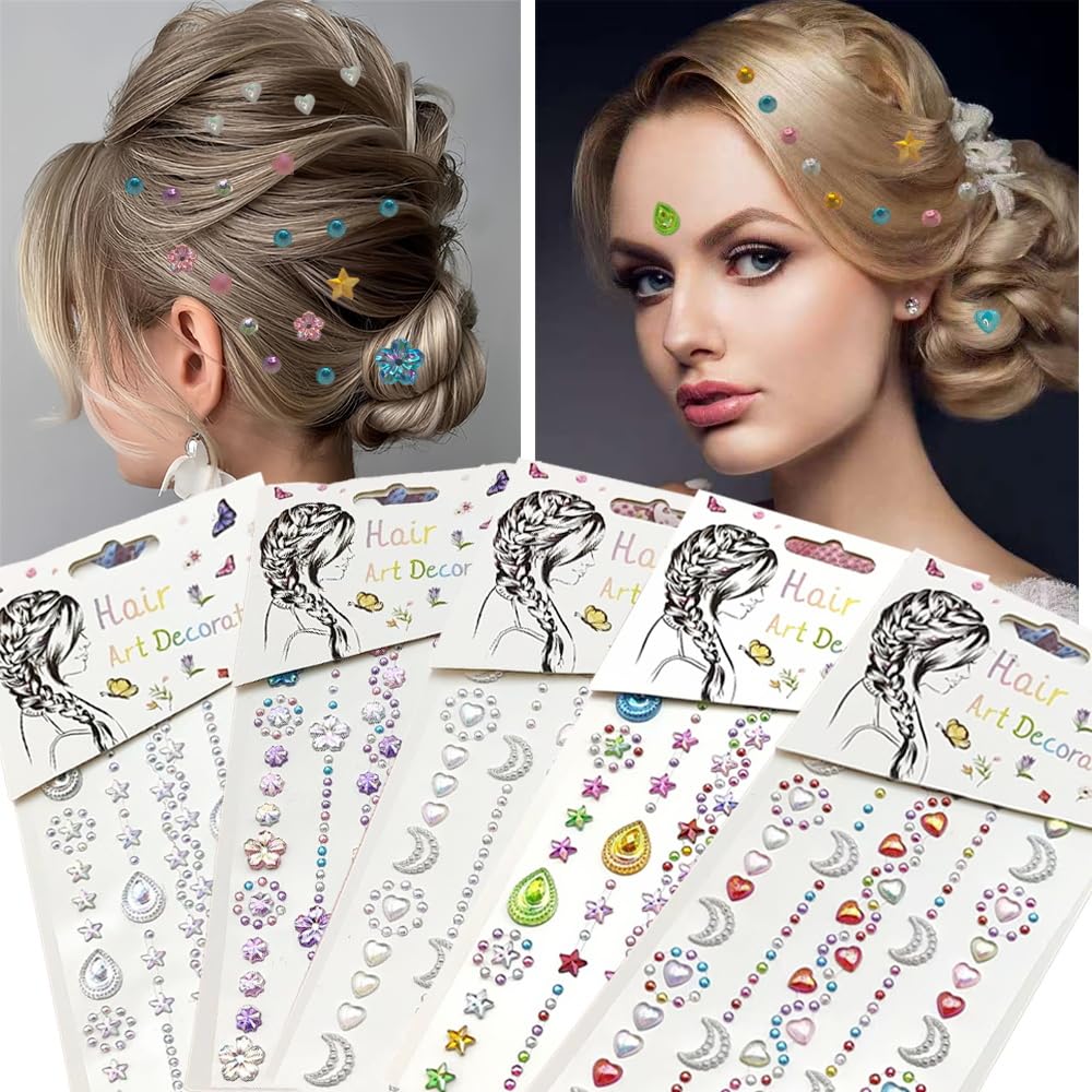 Hairdressing Decoration Diamond Stickers -5 Self Adhesive Sparkling Gemstone Stickers (Love/Moon/Star) Suitable for Facial Hair, Nail Art, Party, Festival DIY Decoration