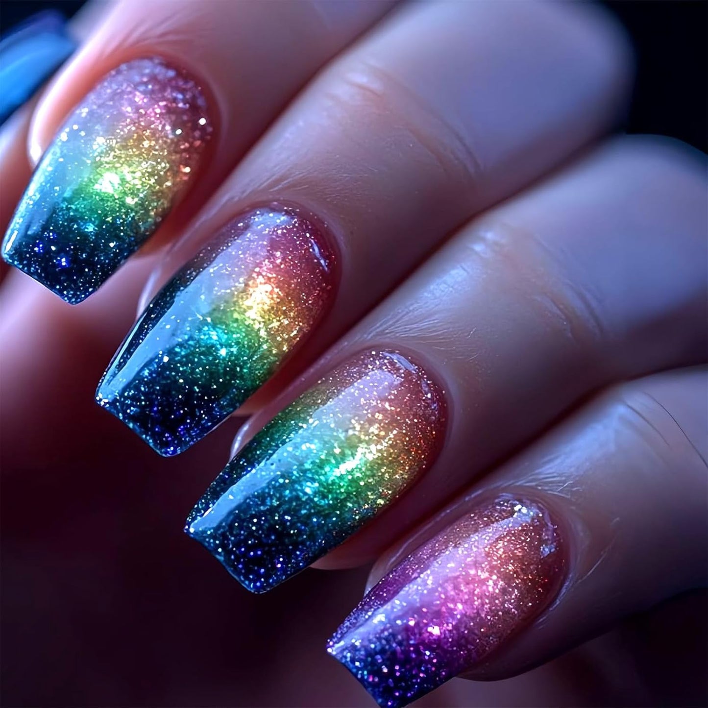 Medium Square Blue Wave Press-On Nails - Glossy Gradient Glitter Design | 24 Reusable Summer Nails for Women