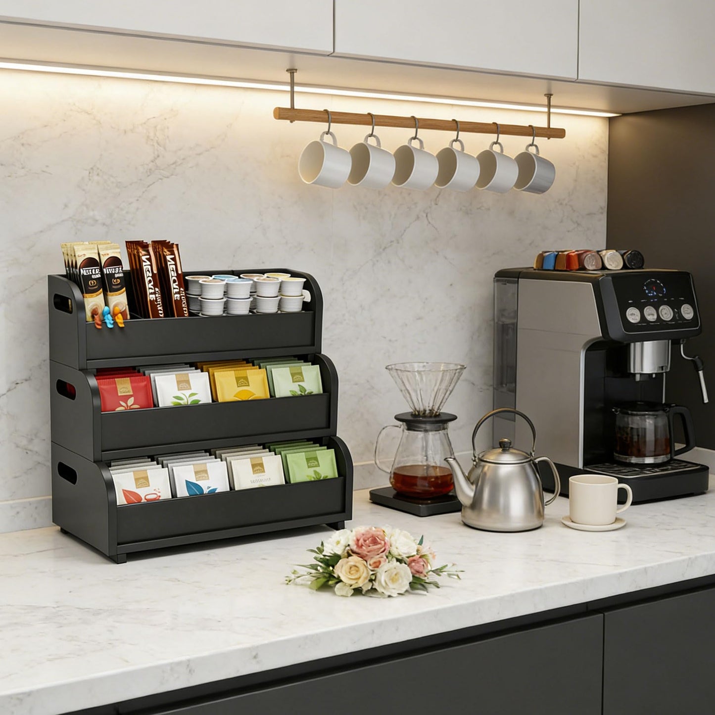 3 Layer Stackable Tea Bags Organizer,Bamboo Tea Organizer Display Rack,Large Capacity Tea Storage Box to Pantry,for Pantry Kitchen Office Coffee Station Restaurants Bars (black)