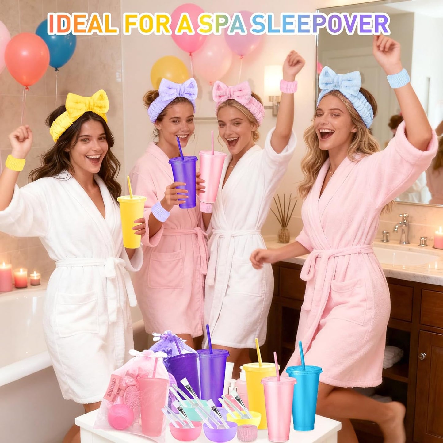Spa Party Favors - 112 Pcs Face Mask Mixing Bowl Set, Glitter Cups, Headbands & More | Perfect for Birthday Sleepovers