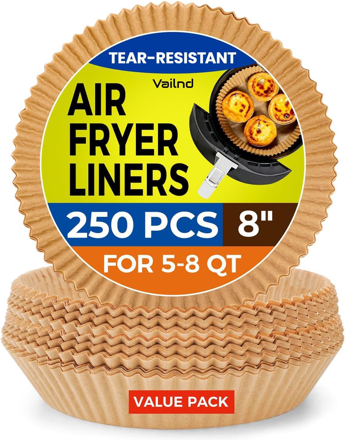 Air Fryer Paper Liners - 125 Pcs Non-Stick Parchment Paper for Microwave | 8-Inch Square, Bleach-Free